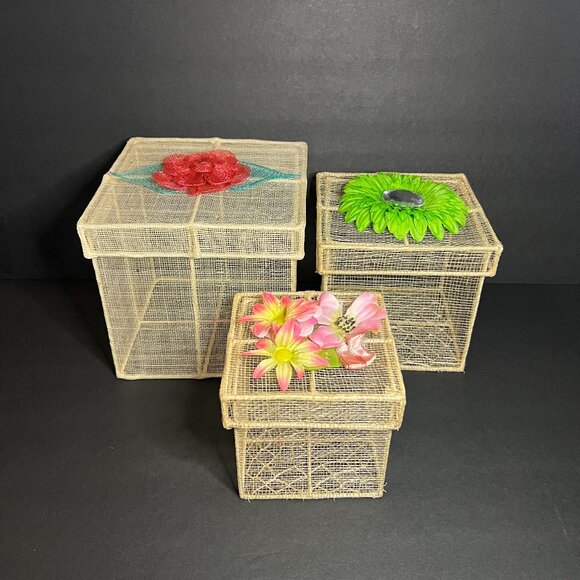 Set of 3 Decorative Square Mesh & Metal Framed Nesting Boxes w/ Floral Applique - Picture 1 of 6